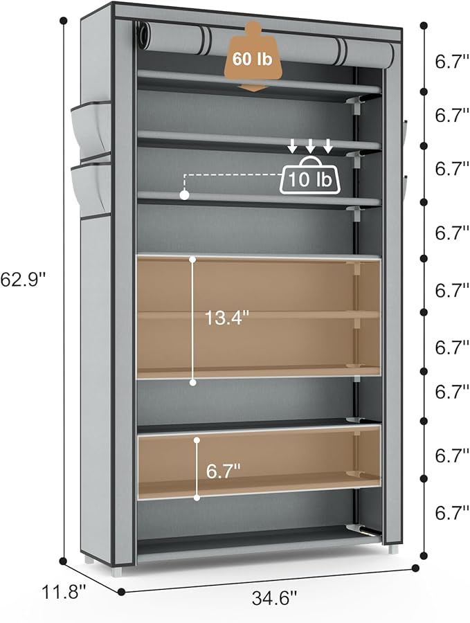 Shoe Rack with Cover Narrow Shoe Organizer with Pockets 10 Tier Tall Shoe Storage Holds 36-41 Pairs Shoes and Boots Shoe Rack for Closet Entryway Garage, Grey