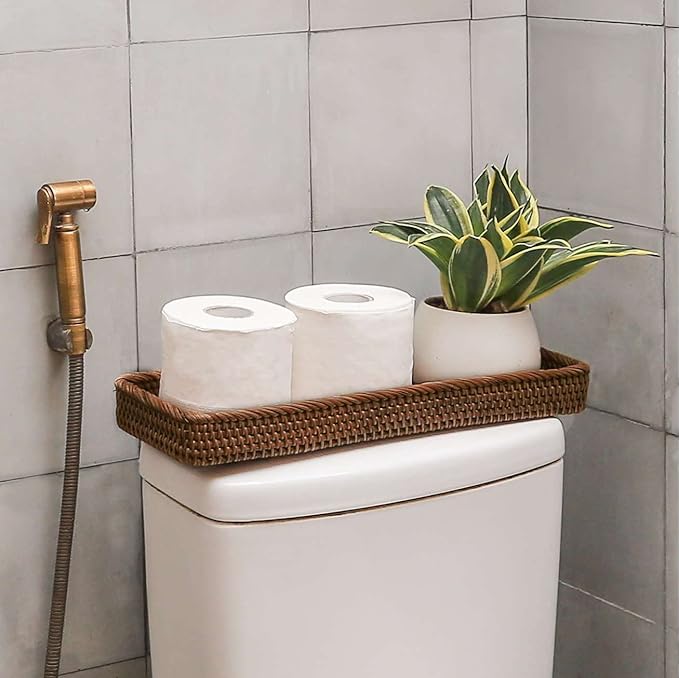 Rattan Toilet Tank Basket Guest Towel Holder for Serving Organizing Bread Shelves 17'' x 6'' x 2'' Bathroom Counter and Storage Decorative Wicker Tray (17 x 6 x 2 inches, Dark Brown)