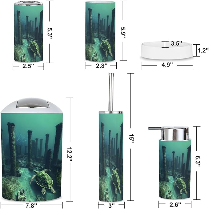 6 Piece Bathroom Accessories Set Surreal Art Ancient Sea Turtle Ruin Trash can Toilet Brush Holder Toothbrush Holder Toothbrush Cup Soap Dispenser Soap Dish for Home