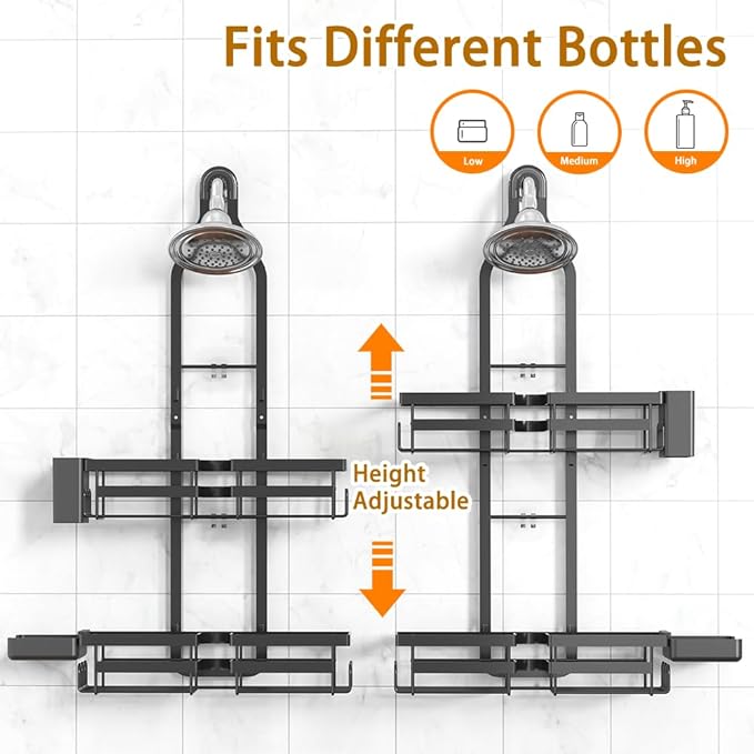 Shower Caddy Hanging for Handheld Showerheads, Rustproof Black Shower Organizer with Hooks, Soap Holder & Toothbrush Holder, No Drilling Shower Storage Rack for Bathroom