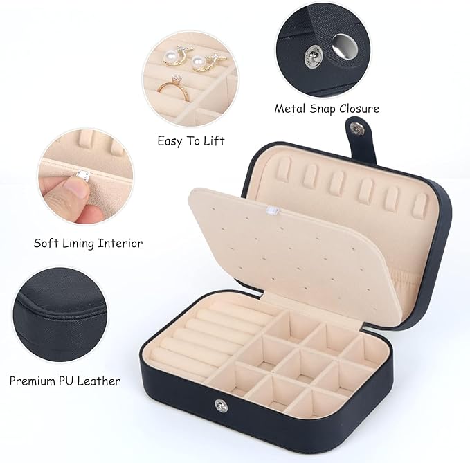 Travel Jewelry Box, Small Jewelry Organizer Boxes for Women Girls, 2 Layer Travel Jewlery Case, PU Leather Mini Portable Jewerly Storage Display Holder for Earrings, Ring, Necklaces, Bracelets Black 1