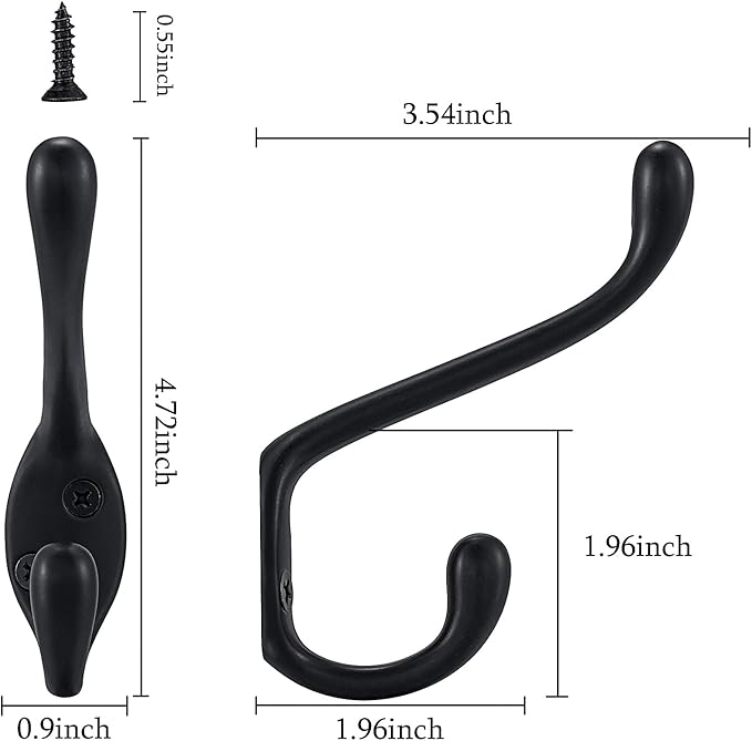 Coat Hooks 10 Pack - Heavy Duty Wall Mounted Matte Black Double Hooks for Hanging Clothes/Towels - Sturdiness Design with Better Mounting System