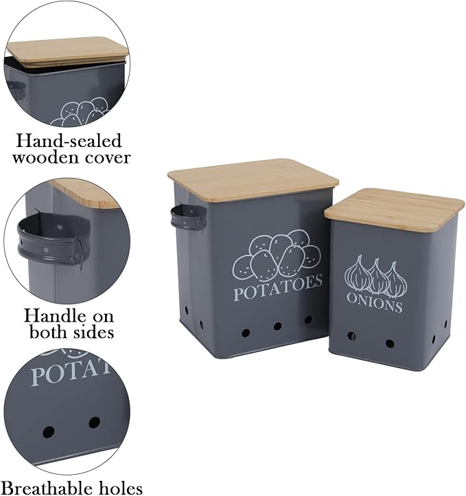 Kitchen Vegetable Storage Tins Set of 2 for Potatoes, Onion, with wooden lid Garlic Bin Caddy, Long Shelf Life-Grey