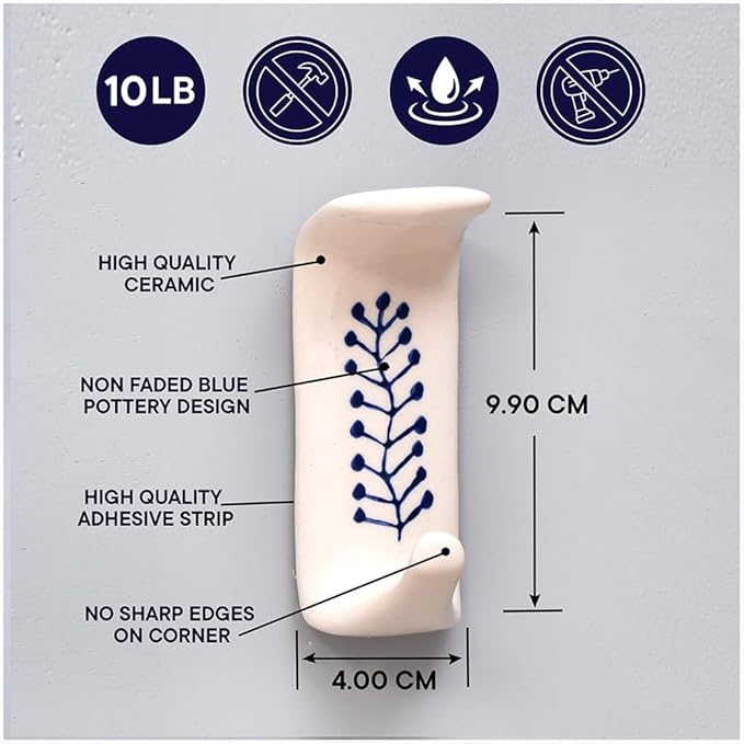 Indian Shelf Boho Ceramic Adhesive Wall Hooks - Damage-Free Decorative Blue Pottery Hangers for Keys & Towels, Renter-Friendly Stick-On Home Décor - 3 Hooks with 6 Strips(Style 1)