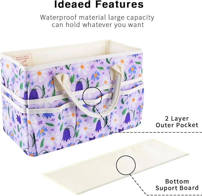 E-WEICHEN Craft Organizer Tote Bag Art Storage Caddy with Multiple Pockets Containers for Art,Craft,and Office Supplies Storage.Purple Campanula