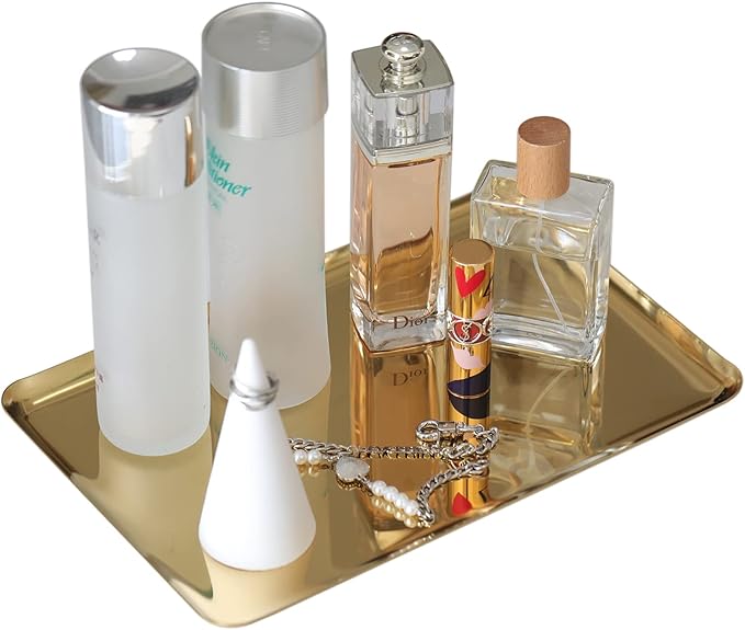 FREELOVE Rectangle Metal Decorative Serving Tray, Perfume Organizer Candle Towel Makeup Jewelry Organization Dresser Vanity Counter Coffee Table Desk Preppy Room Decor, Mirror Gold, 12''X7.9''