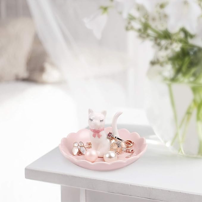 ROSA&ROSE Cat Ring Holder Trinket Tray Ceramic Jewelry Dish Decorative Ring Holder/Trinket Tray Engagement Wedding Birthday Gifts for Women Her (White/Pink)