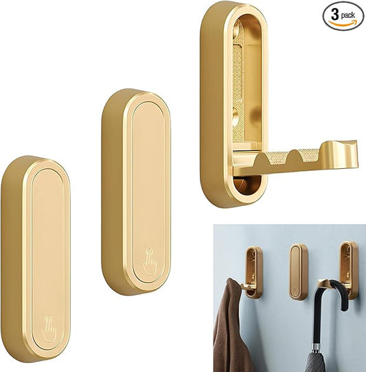 3 Pcs Folding Wall Hooks, Heavy Duty Metal Coat Hooks for Bedroom Closet, Bathroom Towel Hanger Wall Mounted Kitchen Hooks for Hanging Aprons, Brushes, Umbrellas, Keys, Hat, Bags (Gold)