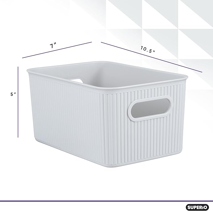 Superio Ribbed Collection - Decorative Plastic Basket Open Home Storage Bins Organizer, Medium White Smoke (4 Pack) Container Boxes for Organizing Closet Storage Bins for Shelves Drawer Shelf 5 Liter