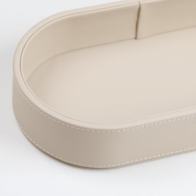 Oval Desk Valet Tray, PU Leather Perfume Dish Bowl for Keys Wallet Watch, Decorative Trinket Vanity Jewelry Tray, Entryway Nightstand Organizer Women Men (Beige)
