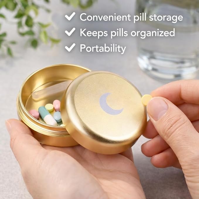 Brando Moon Small Metal Pill Container - 2.1 x 0.9” Pocket Size Portable Pill Box Case – Sturdy Storage Organizer for Coffee, Pills and other Small Components while Traveling