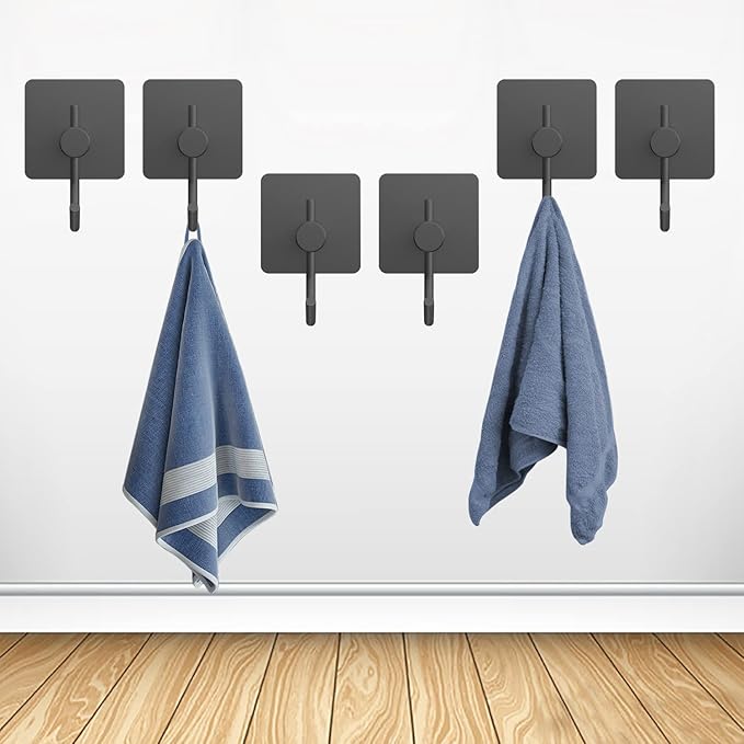 PMMASTO Towel Hooks - Heavy Duty Wall Robe Coat Hook for Hanging- Shower Hooks (Black, “ J ”Shape 6PC)