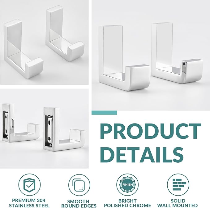 APLusee Polished Chrome Towel Hook 2 Pack, 304 Stainless Steel Robe Hook, Wall Mounted