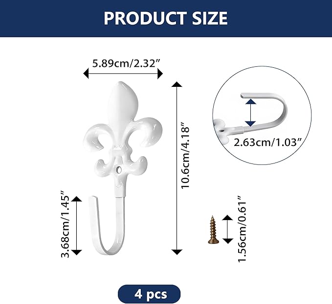 4 Pack Vintage French Fleur De Lis Decorative Wall Hooks, Heavy Duty Metal Curtain Tie Backs for Hanging Coats, Towels, and Robes, Wall Mounted Hangers for Entryway & Bathroom (White)