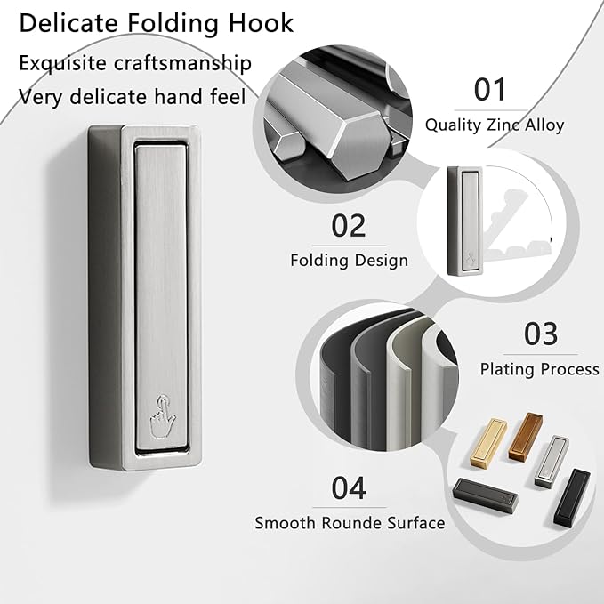 2Pcs Folding Coat Hooks, Heavy Duty Foldable Hooks Made of Zinc Alloy, Foldable Wall Hooks for Bathroom, Entryway, Closet, Pool and Kitchen are Coat, Key Backpack, Storage Solutions（Silver）