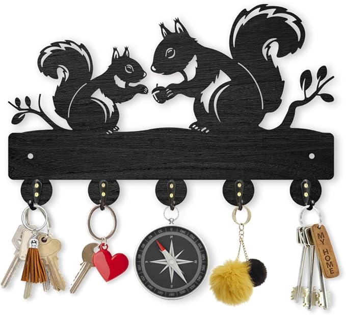 MAYJOYDIY Squirrel Coat Rack Wall Mount 11.8×7.4inch Wood Animal Key Holder for Wall Forest Animal Tree Branch Key Hanger 5 Alloy Hooks Key Hooks Rack Art Decor Gift for Farmhouse Entryway Hallway