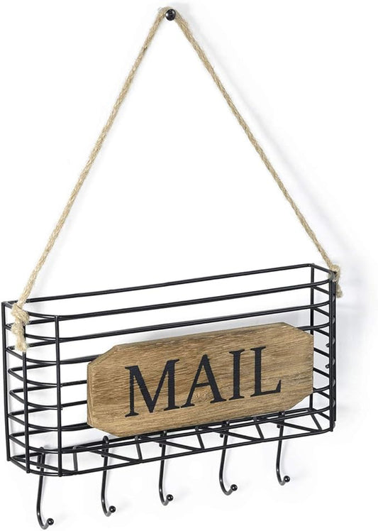 SRIWATANA Mail Organizer Wall Mount, Rustic Mail Holder Key Holder for Wall with Hooks, Small Size, Carbonized Black