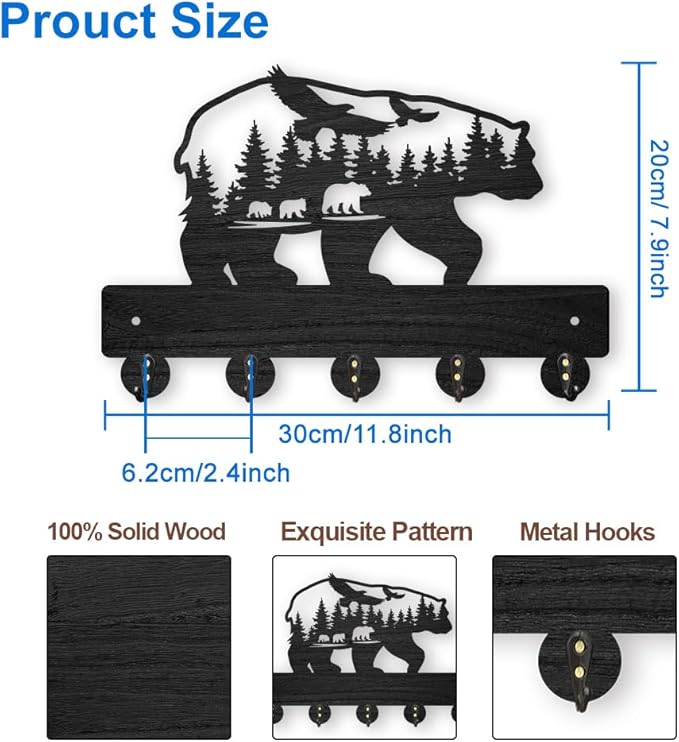 MAYJOYDIY Bear Forest Bird Coat Rack Wall Mount 11.8×7.9inch Bear Wall Art Decor Wildlife Animal Key Holder for Wall Black Wooden Key Hanger Rack 5 Alloy Hooks for Kitchen Bedroom Entryway Gifts