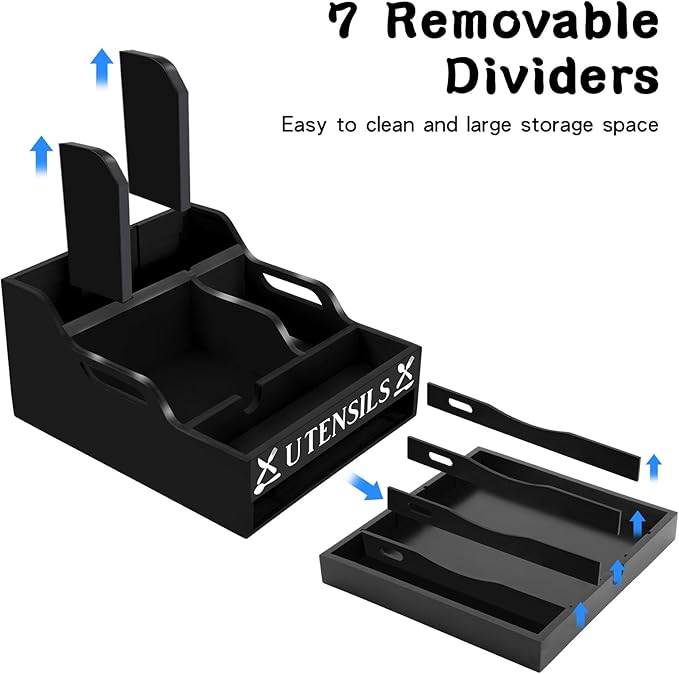 Kitchen Utensil Holder with Drawer, Farmhouse Spatula Organizer for Countertop,Large Capacity Flatware Spoon Forks Knives Cooking Tool Cutlery Holder for Party Picnic BBQ with 11 Compartments(Black)