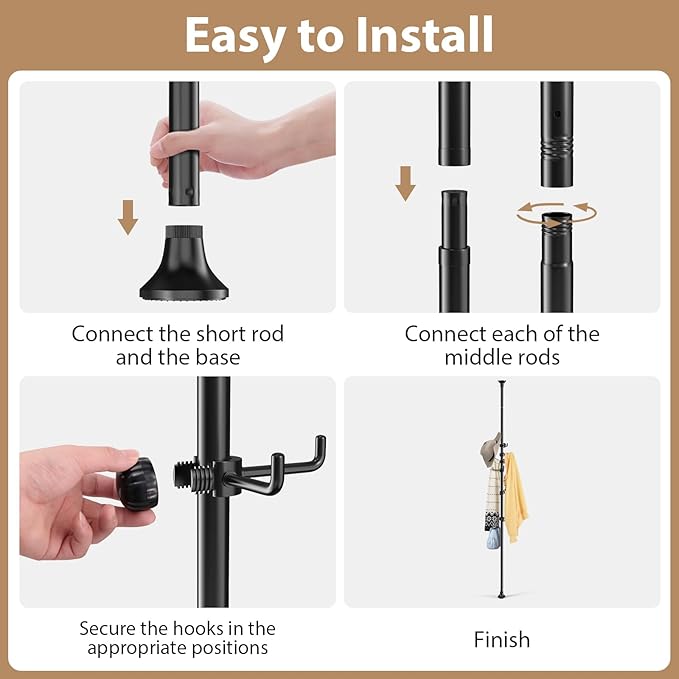 Coat Rack Freestanding, 56 to 125 inch Adjustable Tension Rod Hanger with 12 Hooks for Hanging Coat, Plant,Jacket, Hat, Scarf, Suitable for Living Room, Balcony, Kitchen Black