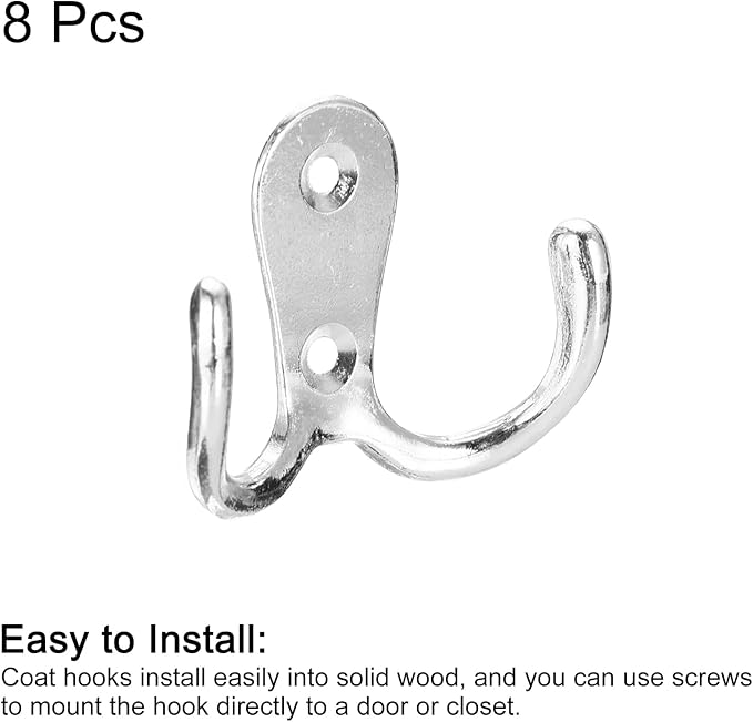 uxcell Wall Hooks, 8Pcs - Zinc Alloy Double Prong Retro Hook, Hooks for Hanging Towel Coat Backpack Clothes Scarf Keys Hat Cup (Chrome)