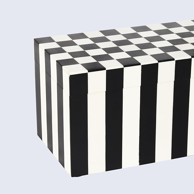 Handicrafts Home Large Decorative Storage Box with Lid – Black and White Keepsake Storage Box, Decorative Jewelry & Memory Box for Coffee Table, Shelf & Bedroom Decor – Puzzle Check 10 x 5 x 5
