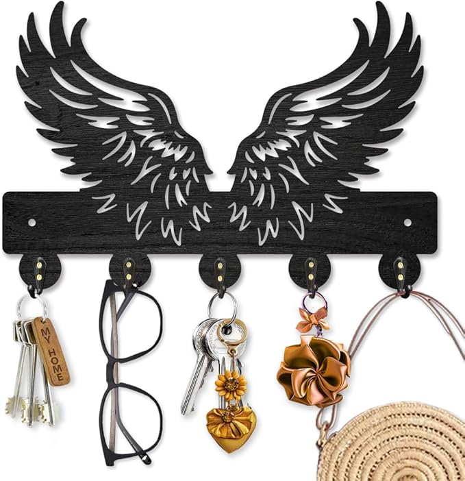 MAYJOYDIY Wing Feathers Wood Key Holder for Wall Angel Wings Wall Mounted Key Hooks 11.8×7.9inch Coat Hanger Rack with 5 Alloy Hooks for Entryway Front Door Kitchen Office Decoration