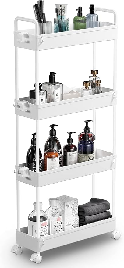SOLEJAZZ Slim Rolling Storage Cart with Wheels 4 Tier Skinny Bathroom Storage Organizer Narrow Shelf Unit Thin Laundry Room Utility Cart for Bedside Kitchen Office Next to Fridge Small Places, White