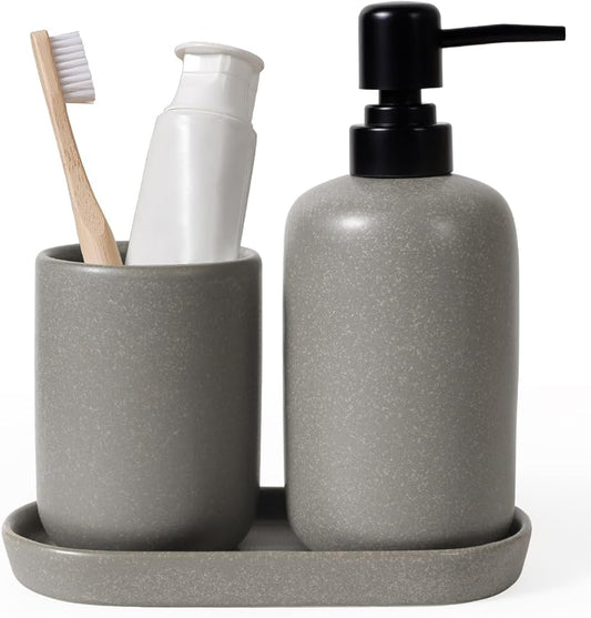 INGOFIN 3 Pcs Ceramic Bathroom Accessory Set - Liquid Soap Dispenser, Toothbrush Holder & Tray, Bathroom Counter Set, Countertop Essentials for Home, Guest Bathroom, or Office Use, Grey