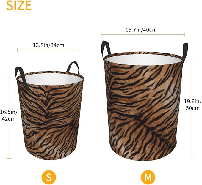 Tiger Texture Round Laundry Hamper Natural Animal Skin Print Storage Basket Toys Clothes Organizer Bin For Home Bathroom Bedroom Dorm Nursery, 38l