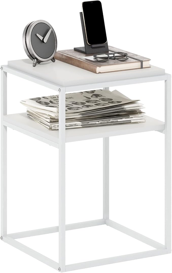 Furinno Moretti Side Table, 2-Tier Stackable Metal Frame End Table with Open Shelf, Night Stand, Bedside Table, Toolless Assembly, for Living Room, Bedroom, Solid White