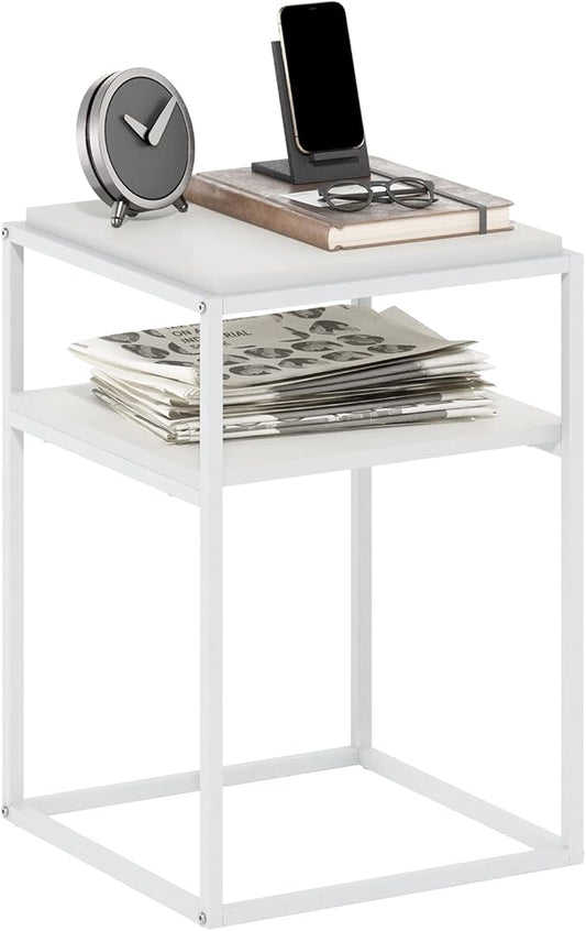 Furinno Moretti Side Table, 2-Tier Stackable Metal Frame End Table with Open Shelf, Night Stand, Bedside Table, Toolless Assembly, for Living Room, Bedroom, Solid White