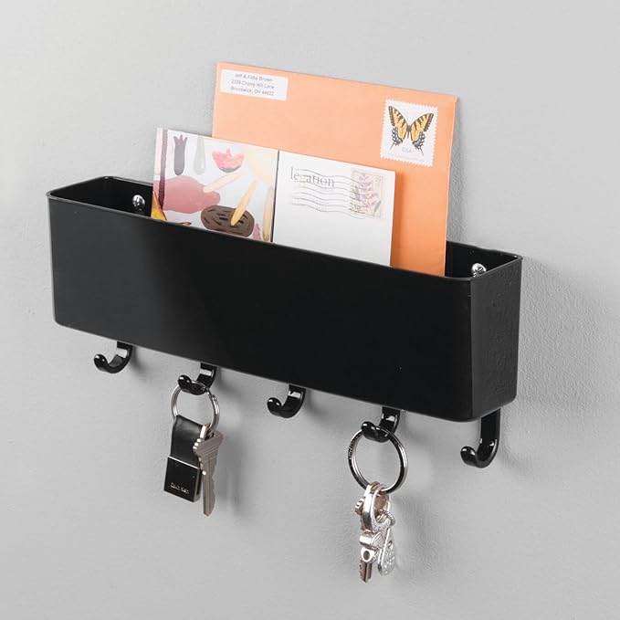 mDesign Mail, Letter Holder, Key Rack Organizer for Entryway, Kitchen - Wall Mount, Black