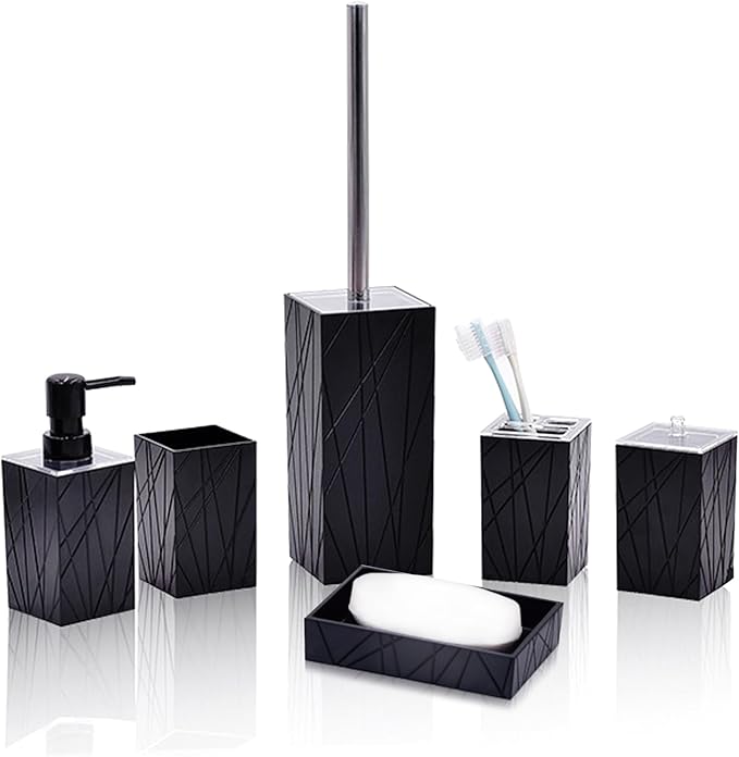 Bathroom Accessory-6Pcs Black Bathroom Accessories Set Includes Soap Dispenser, Toothbrush Holder and Cup, Soap Dish, Toilet Brush and Holder, Qtip Holder
