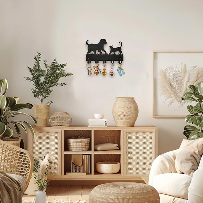 MAYJOYDIY Decorative Wall Mount Key Holder with 5 Hooks, Pet Cat Dog Design, 11.8 x 7.9 inch, Wood for Dog Leash Entryway Kitchen Office Gift
