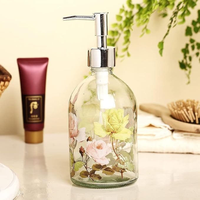 17oz Glass Soap Dispenser with Plastic Pump, 2 Pack Refillable Kitchen Soap Dispenser for Dish Soap, Soap Dispenser Bathroom for Hand Soap, Lotion, Body Wash(Flower)