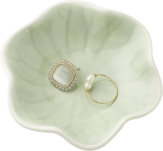 Ceramic Trinket Dish, Ring Tray, Decorative Jewelry Dish for Earrings Necklaces Watch Keys Women (Green Leaf)