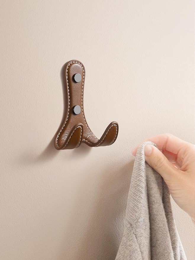 2 Pack Brown Leather Coat 2 Hooks Wall for Hanging Round Coat Hooks for Hanging Robe Towels Bags Hats Scarf Keys Clothes Suitable for Bedroom, Entryway and Closet