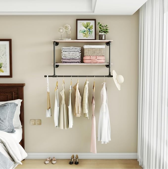 MAIKAILUN Industrial Pipe Clothes Rack with Wood Shelf, 42" Long Wall Mounted Clothing Rack with Hanging Rod for Laundry Room, Heavy Duty Pipe Shelves, Closet Storage, Retail Boutique Display