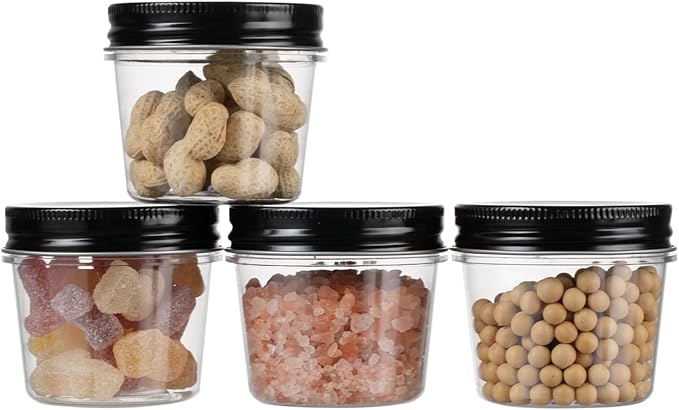 novelinks 4 oz Plastic Mason Jars with Lids, 60 Pack Small Containers with Lids 4oz, Slime Containers & Cake Jars & Small Spice Jars for Kitchen Organization (60 Pack,Black)