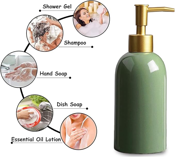 Ceramic Soap Dispenser Green with Gold Pump,Simple Design Cylindrical Lotion Dispenser Bottle,Refillable Liquid Hand Soap Dispenser for Kitchen,Bathroom,Washroom