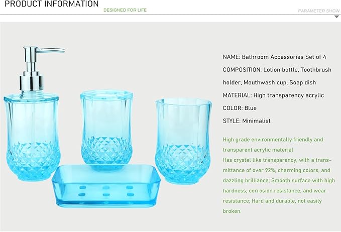 Bathroom Accessories Set of Acrylic Plastic soap Dispenser, Toothbrush Holder, Toothbrush Cup, soap Dish, Blue Bathroom Accessories 4pcs Set (Blue)