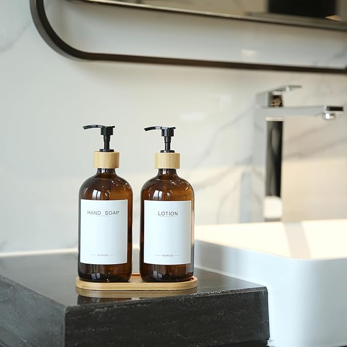 Amber Glass Soap Dispenser with Bamboo Pumps&Tray&Labels, Hand Dispenser, Lotion Dispenser, Dish Soap Dispenser for Kitchen Sink. (Amber)