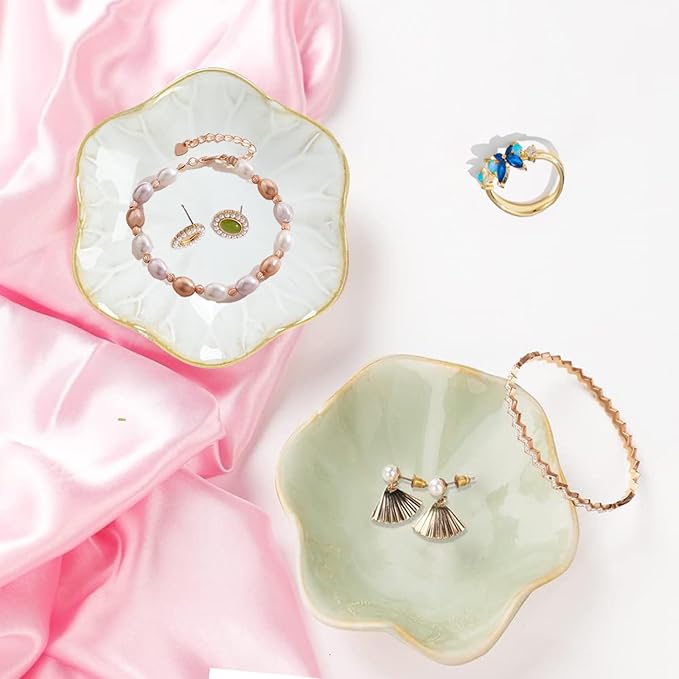 2 Pcs Ceramic Jewelry Dish, Jewelry Tray Key Tray,Small Ring Dish Holder Jewelry Plate Trinket Dish Catchall Tray Nightstand Decor For Table Room Decor SM (4.3 In, White,Green)