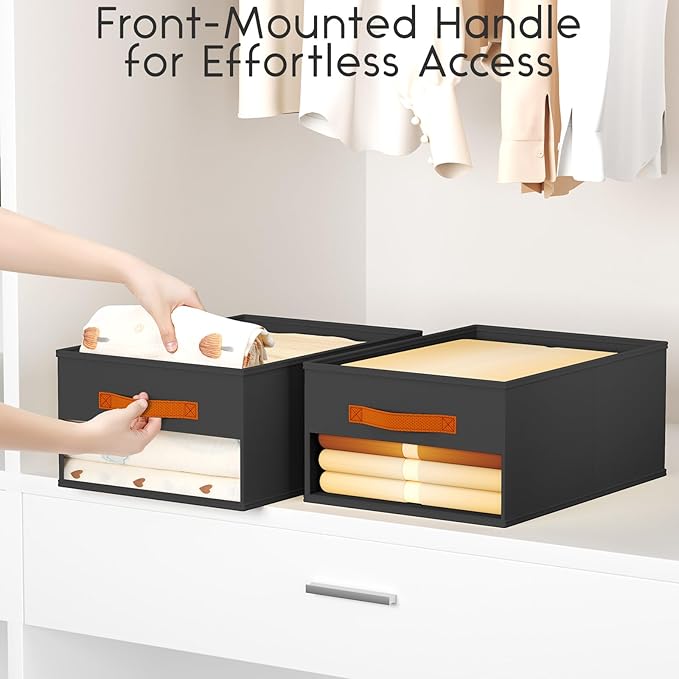Drawer Organizers and Storage - 12 Pack Foldable Pants Organizer with Clear Window & Handles, Fabric Closet Organizer for Clothes, Jeans, Sweaters, Towels, T-shirt, Scarf (Black)