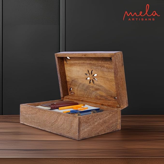 Mela Artisans Wooden Keepsake Box | Burnt Mango Wood Memory | Photo Storage Box with Hinged Lid | Decorative Storage Box | Mediumc | 7.5x4.5x3 Inch