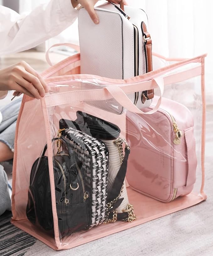 CINPIUK Handbag Dust Bags Clear Purse Storage Organizer for Closet Small to Extra Large Handbags Dust Free Bags Hanging Zipper Storage Bag with Hooks, (Pink, 4 Sizes-8PCS)