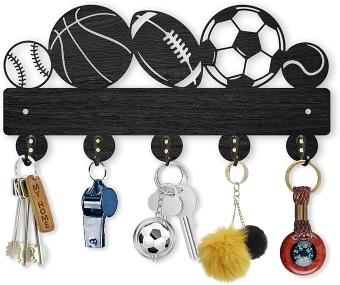 MAYJOYDIY Sports Basketball Football Coat Hooks Wall Mounted 11.85.7inch Wood Key Holder for Tennis Baseball Rugby 5 Alloy Hooks Key Rack Entryway Hallway Art Decor Gift