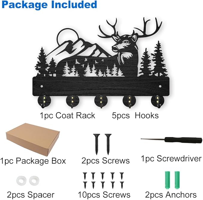 MAYJOYDIY Wooden Antler Wall Coat Rack with 5 Hooks, Black Forest Deer Design, 11.8x8 Inch Key Holder & Organizer for Entryway, Hall, Living Room, Office Decor