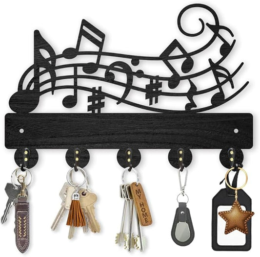 MAYJOYDIY Music Notes Coat Hook Wall Mount 11.8×7.9inch Wood Musical Key Holder for Wall Key Hanger Wall Art Decor 5 Alloy Hooks Black Hook Rack Hat Towel Holder for Entryway Living Room Gift